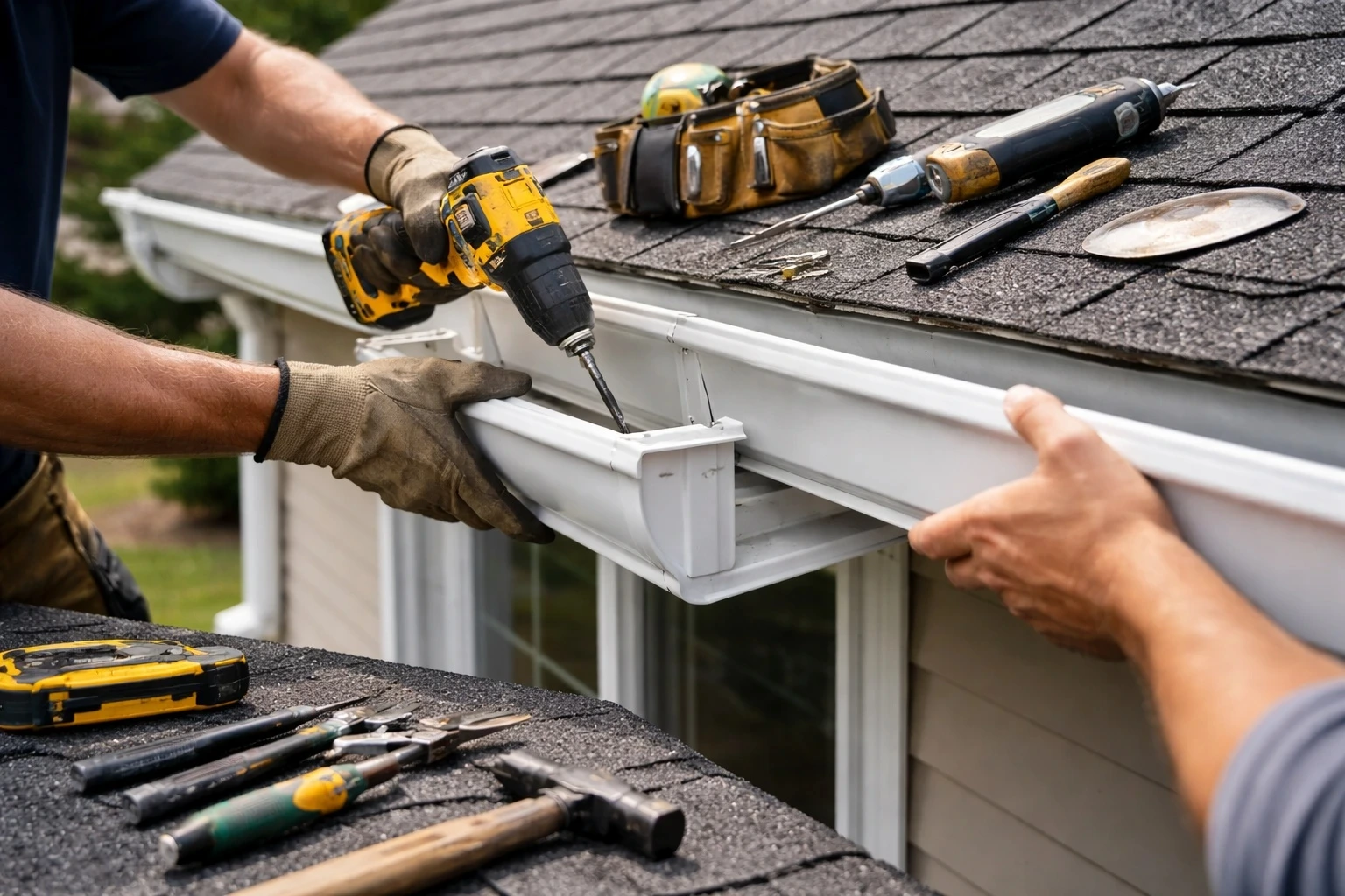 Expert worker installing durable rain gutters on a house roof to protect the home from water damage in Chattanooga TN.