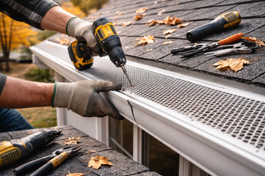 Gutter guard system installed on roof gutter to prevent leaves and debris in Chattanooga TN