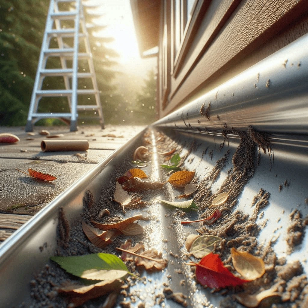 Technician cleaning clogged rain gutters on a residential roof in Chattanooga