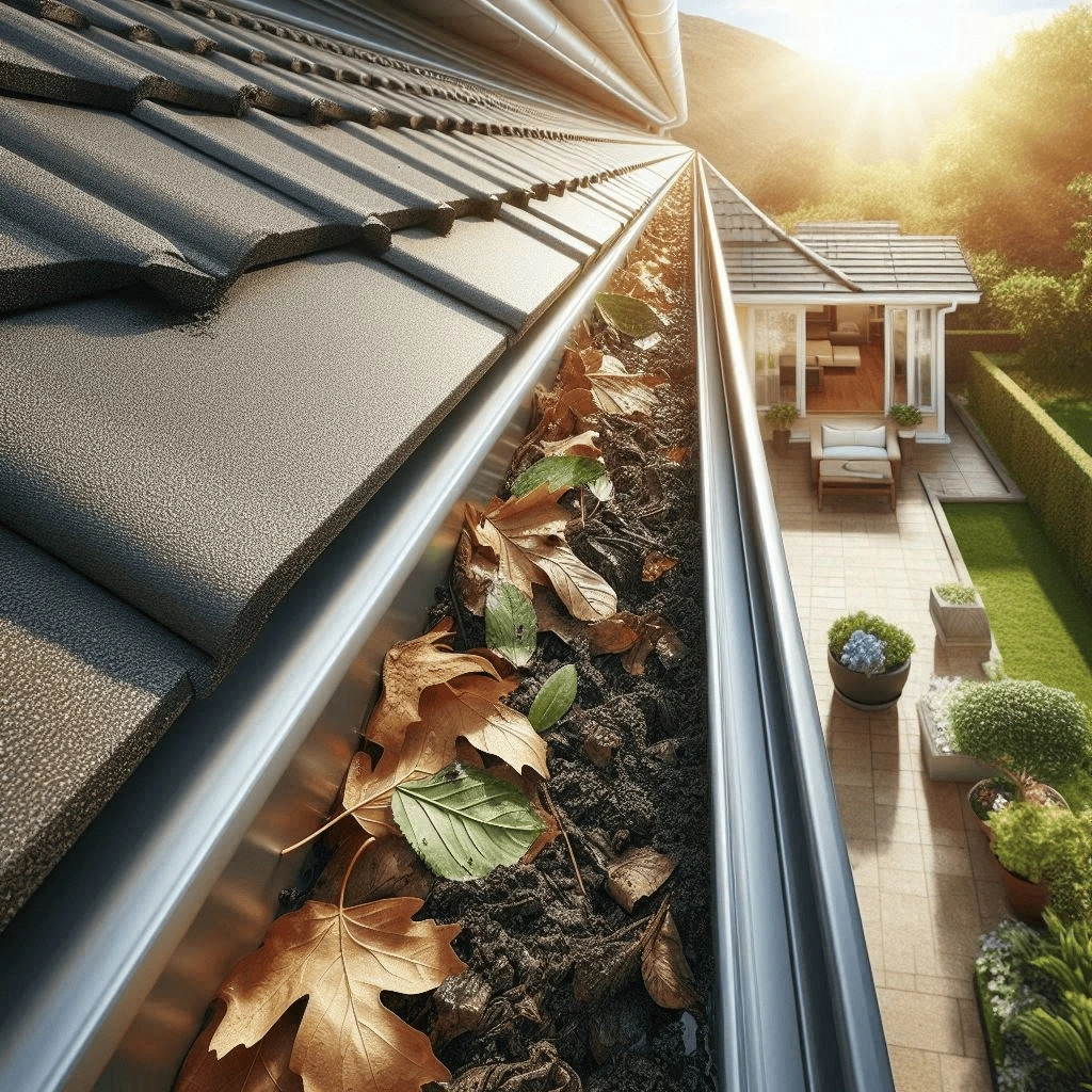 Professional worker clearing debris from house gutters in Chattanooga Tennessee