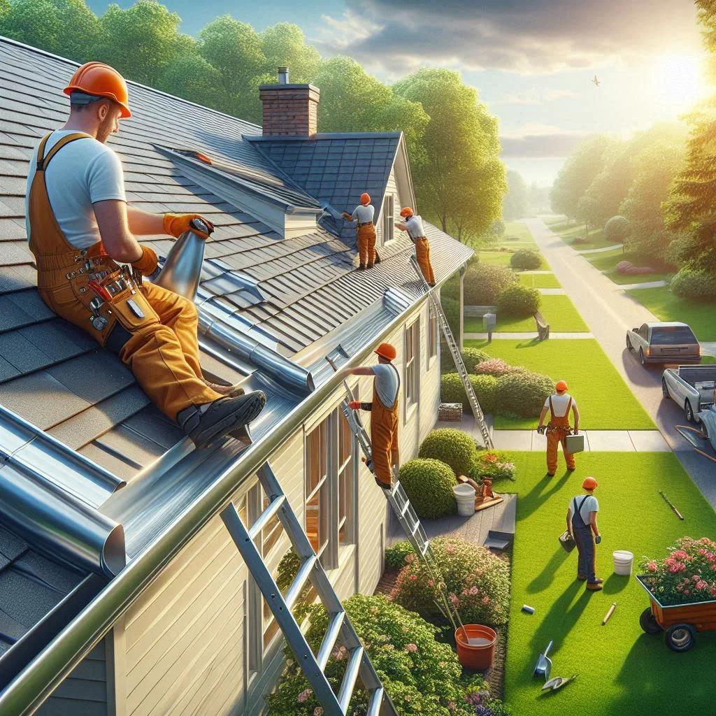 Professional installing gutters on a house in Chattanooga TN